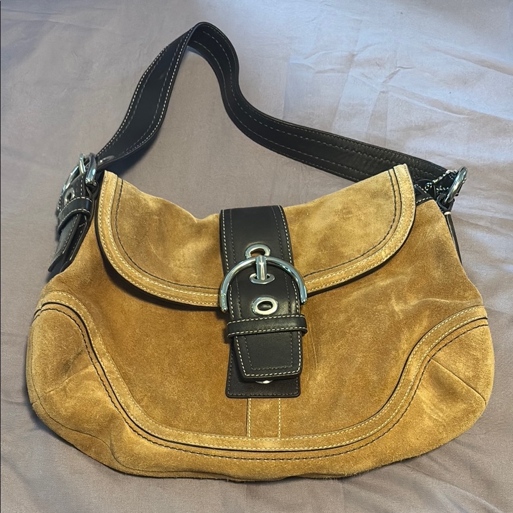 Coach Tan and Black Shoulder Bag with Suede and Leather Contrast
